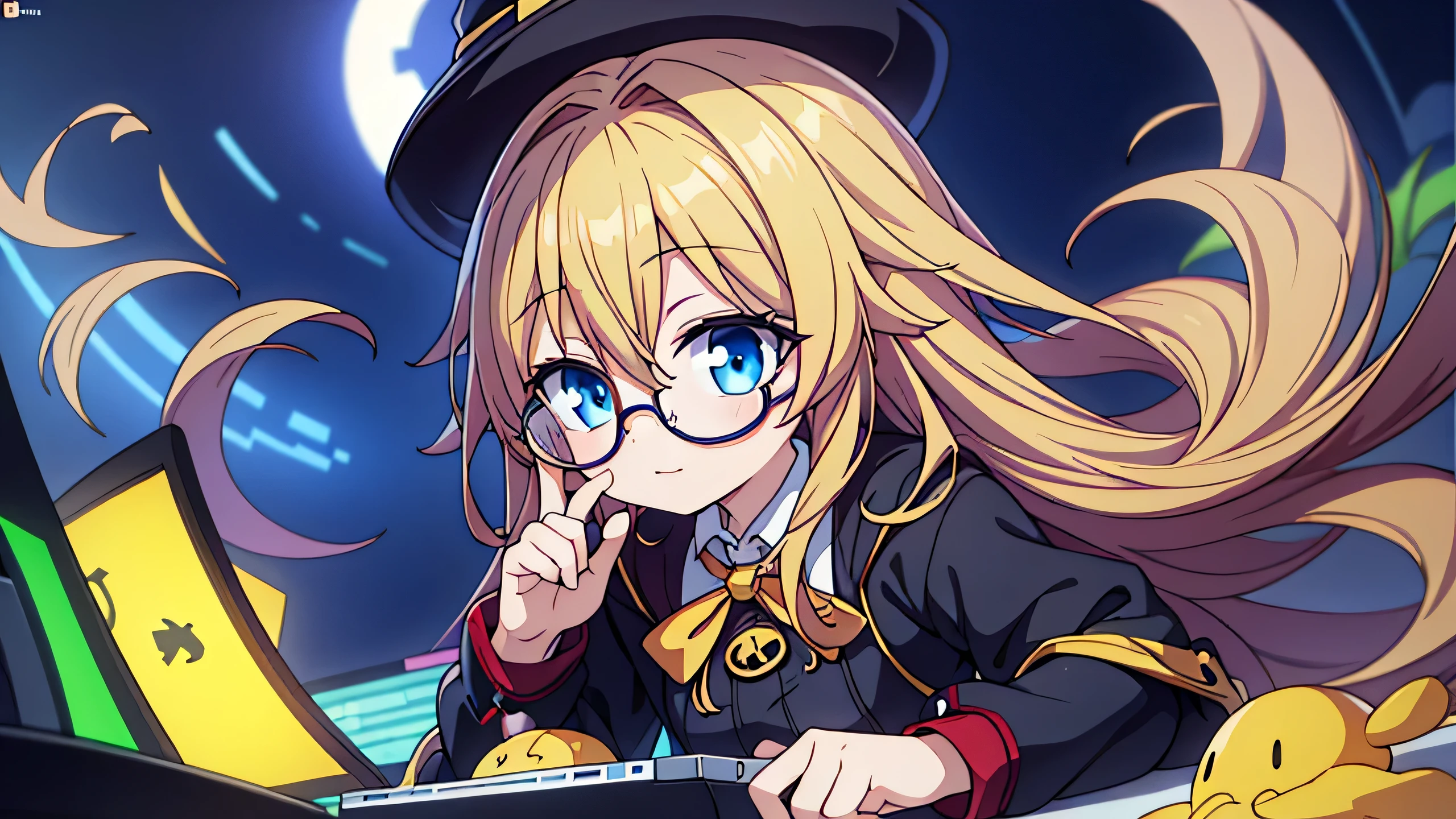 Young anime girl, long blonde hair, blue eyes, nerd, round glasses, witch outfit, Very happy, One hand on top of head making gesture, Peace, V, hand with 5 fingers posters, computer, gaming PC, video game controller, Mech Robot Toy