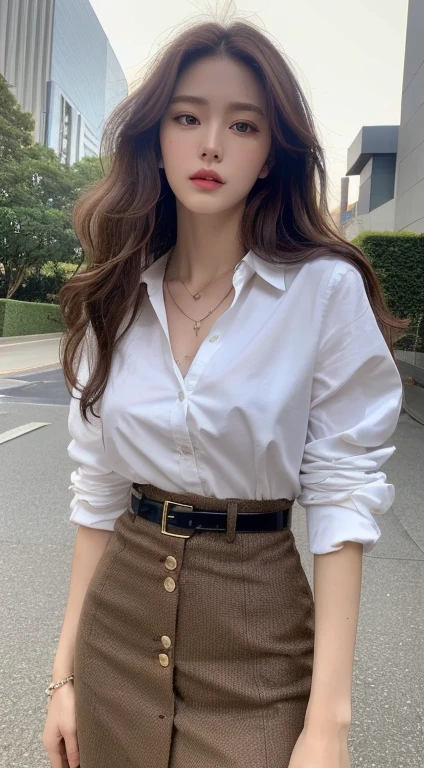(Best quality, High resolution, Masterpiece :1.3), A tall and pretty woman, Slender abs, Dark brown hair styled in loose waves, Breasts, Wearing pendant, White button up shirt, Belt, Black skirt, (Modern architecture in background), Details exquisitely rendered in the face and skin texture, Detailed eyes, Double eyelid