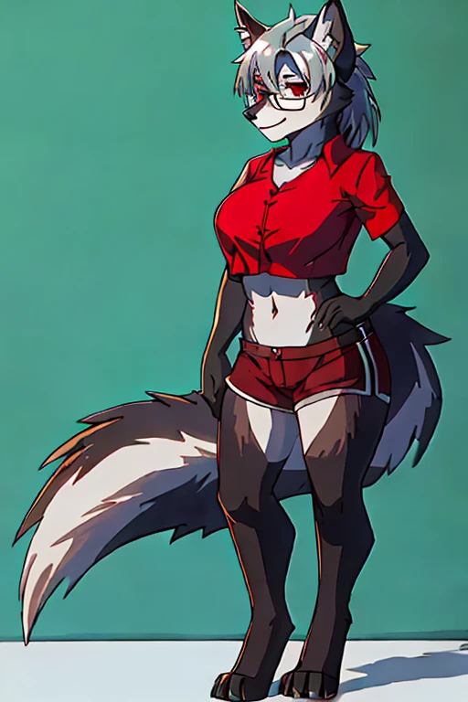 Solo, zoe, ((high quality)), black body red fur, (anthro) wolf, red eyes, wearing black bikini, barefoot, standing, hands on hips, white background, flat colors, by fumiko, by hyattlen, rear ciew, holding her ass cheeks, smiling, mouth open