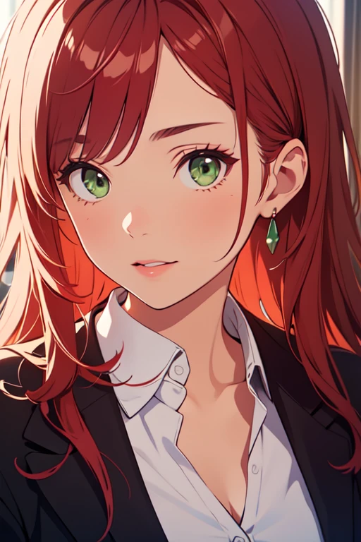((best quality)), ((masterpiece)), (detailed), perfect face, woman wearing office clothes, red hair, long hair, green eyes,