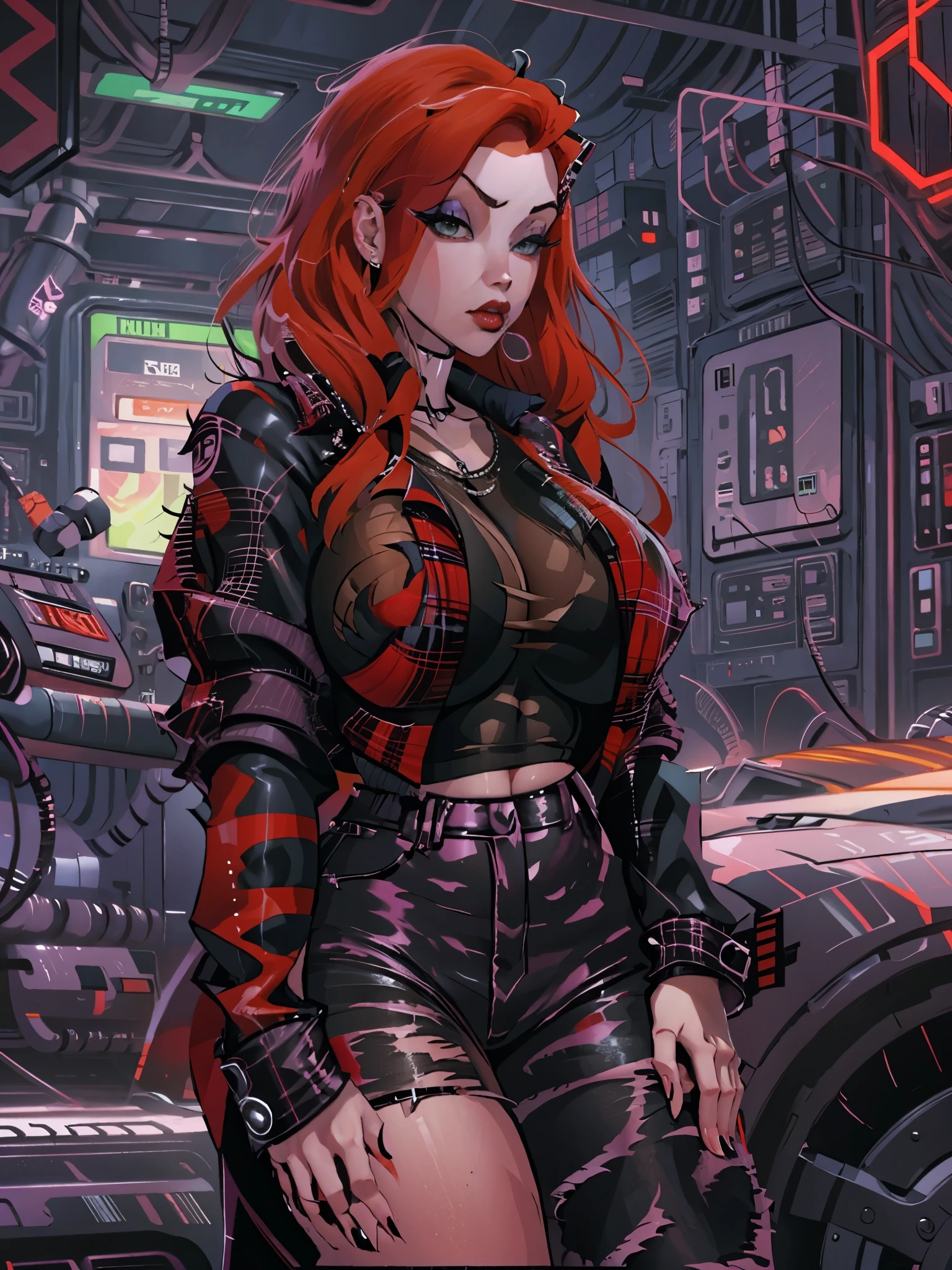 a woman with red hair wearing a black top and plaid pants, cyberpunk art, gothic art, aesthetic cute with flutter, toon aesthetic, wearing red attire, wearing gothic accessories, ((curvy body))