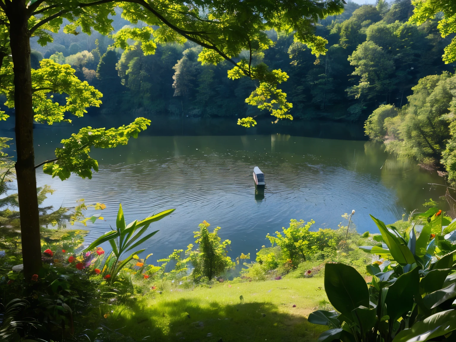 (best quality, ultra-high resolution, real, photorealistic:1.2, 8K), BREAK, detailed scenery, extremely closed-up, beautiful lake, surrounded by a forest, from above, daytime