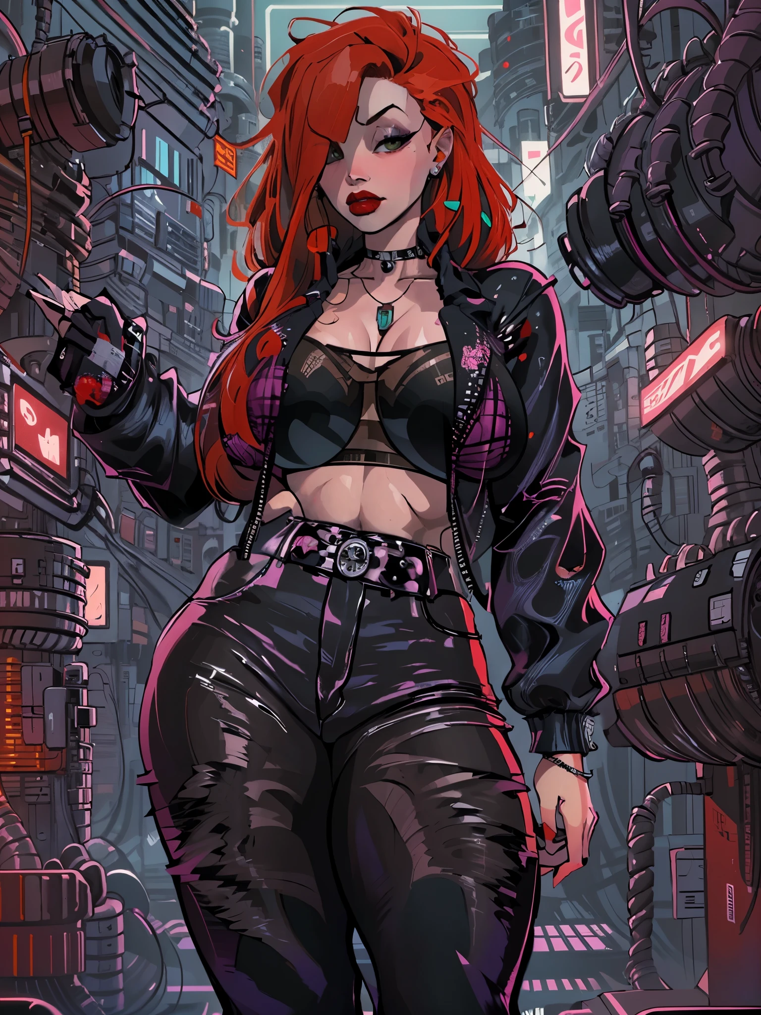 a woman with red hair wearing a black top and plaid pants, cyberpunk art, gothic art, aesthetic cute with flutter, toon aesthetic, wearing red attire, wearing gothic accessories, ((curvy body))