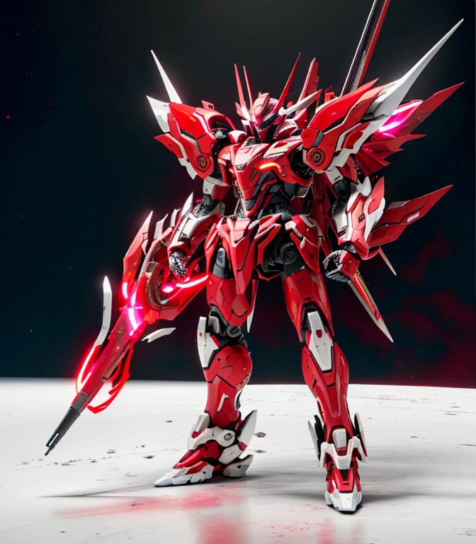 robot, highest quality, High resolution, ultra detail, masterpiece, 8k wallpaper, ((Crimson color), Fluorescent pink eyes, body light rose red), disorganized, High resolution, Ultra-fine illustration, disorganized, alone, game CG, host, Space Colony, (fluorescent red light: 1), (detailed beautiful face and eyes: 1.0), (whole body女性らしいフォルム: 1.5), Ringlings, Mechaガール, mask, mechanical parts, robot joint, full armor, (whole body: 1.5), shining eyes, Mecha, standing and holding a machine gun, look at the audience, skinny, Mechaanical wing, (called the red comet)), (((with fluid armor, Saicom machine, funnel)),