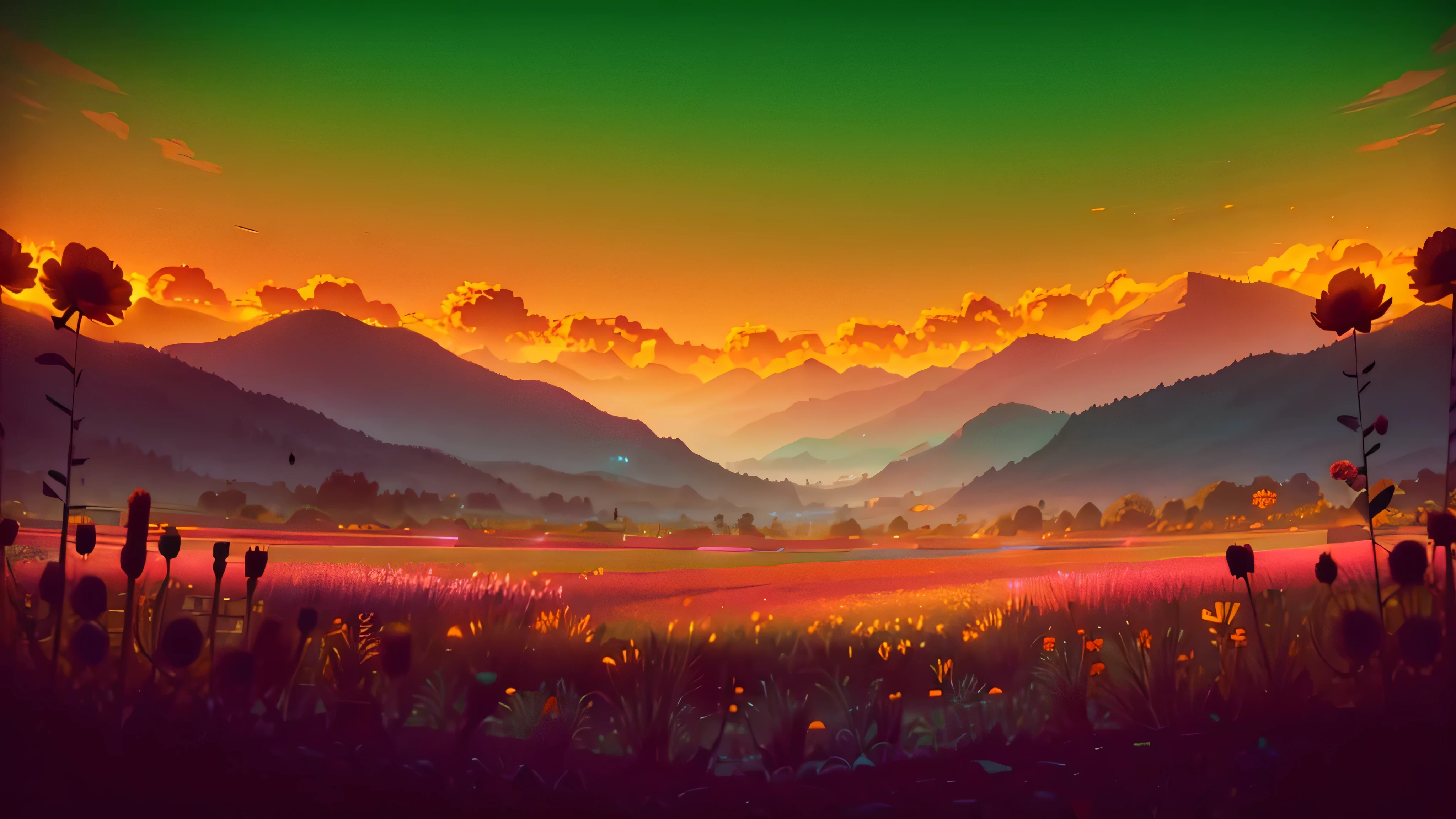 field, (((field of neon flowers))), clouds, sunrise