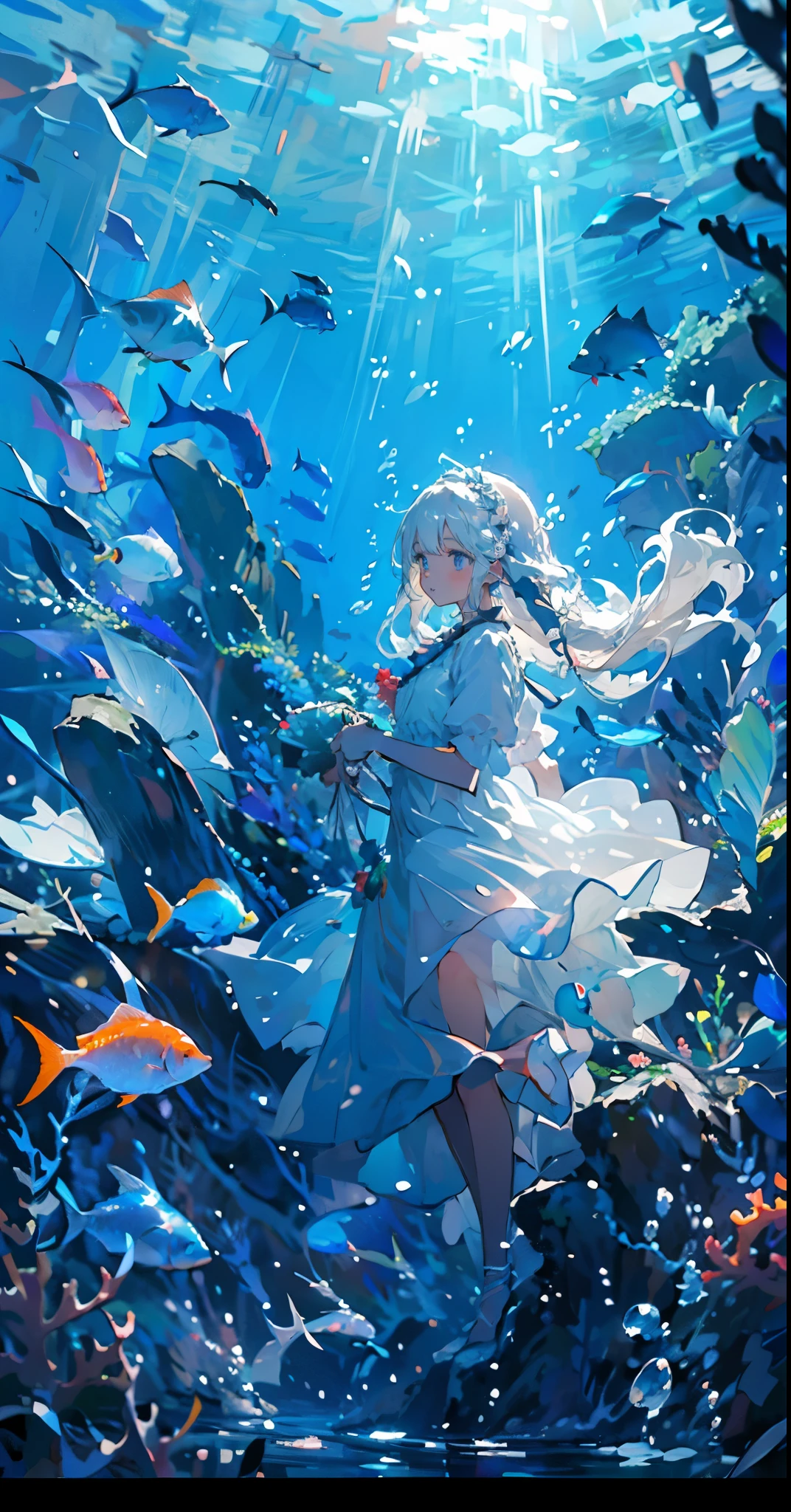 (muste piece), (best quality), very detailed, 1 girl, perfect face, (solo full body shot:1.3), very detailed顔，(white long hair:1.5)，(blue eyes:1.4)，(in water:1.4)，(white dress:1.5)，Ocean，coral reef，School of small fish，light，bubble，jellyfish，Ocean藻，(深Ocean:1.4)，fantasy，Ocean底，float