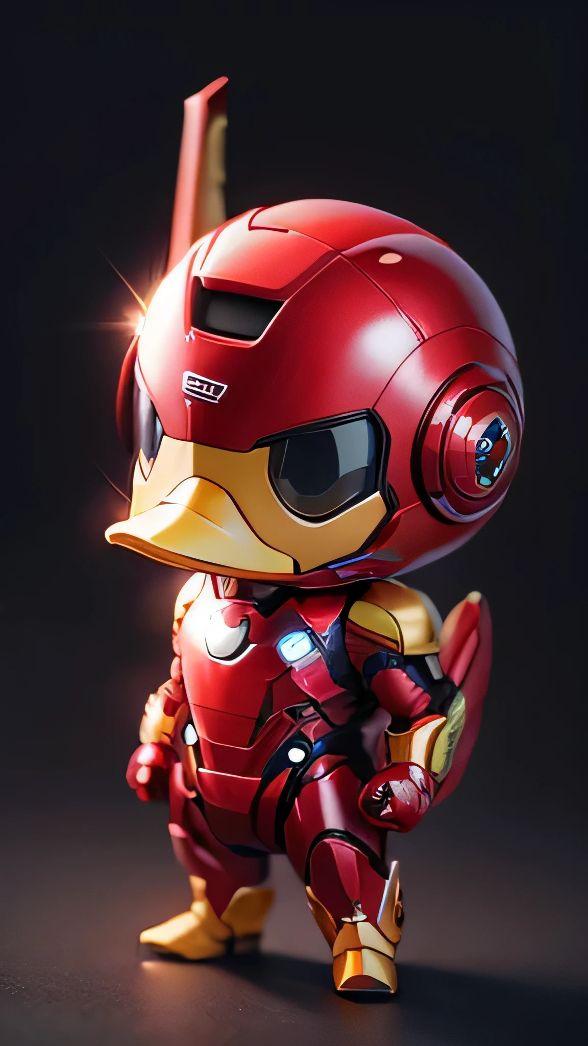 A cute duck in Ironman suit, small, tiny, chibi style, full body, sharp focus, 8k wallpaper, masterpiece, without the helmet