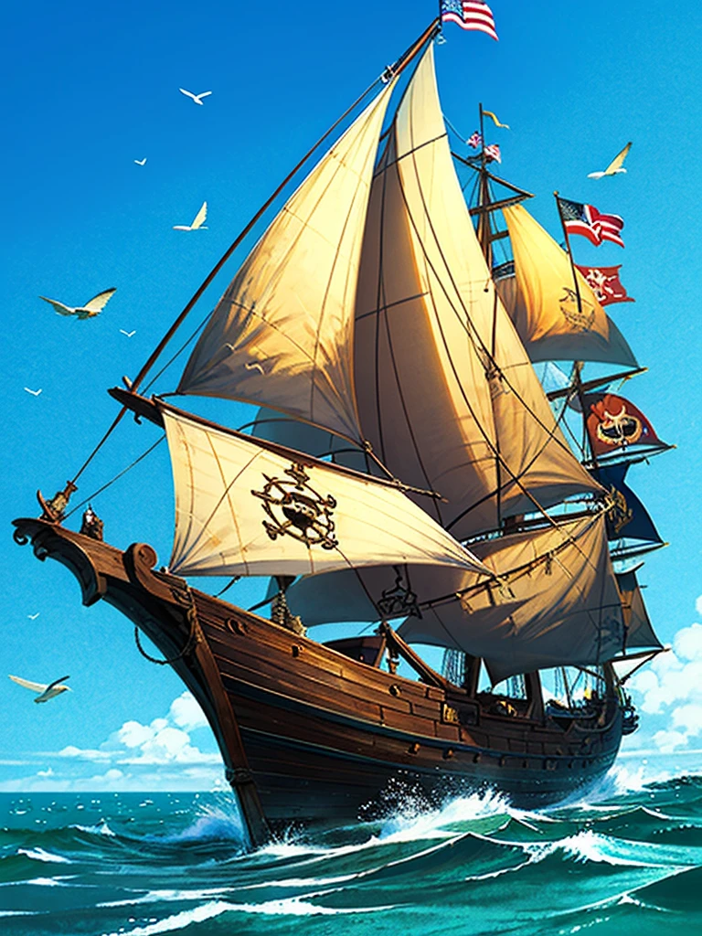 （（（masterpiece、Highest image quality、highest quality、highly detailed unity 8ｋwallpaper）））、（（pirate ship、blue sail））、（brig、Wooden sailing ship）、港に停泊するpirate ship