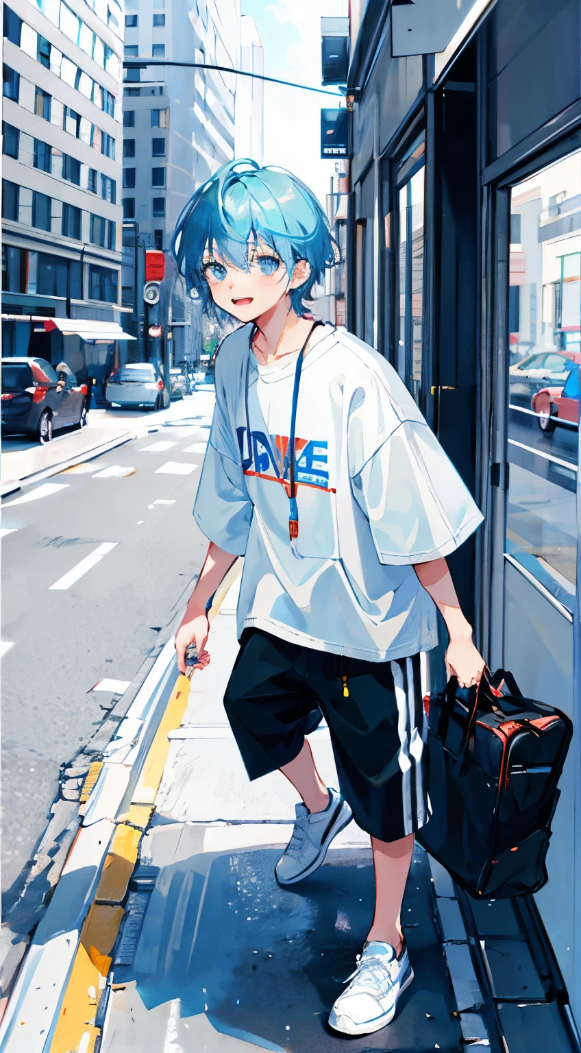 whole body, Young boy about ,Short light blue hair,light blue eyes,casual everyday wear,happy expression,above the street,Detail clothes, stand,Beautiful background