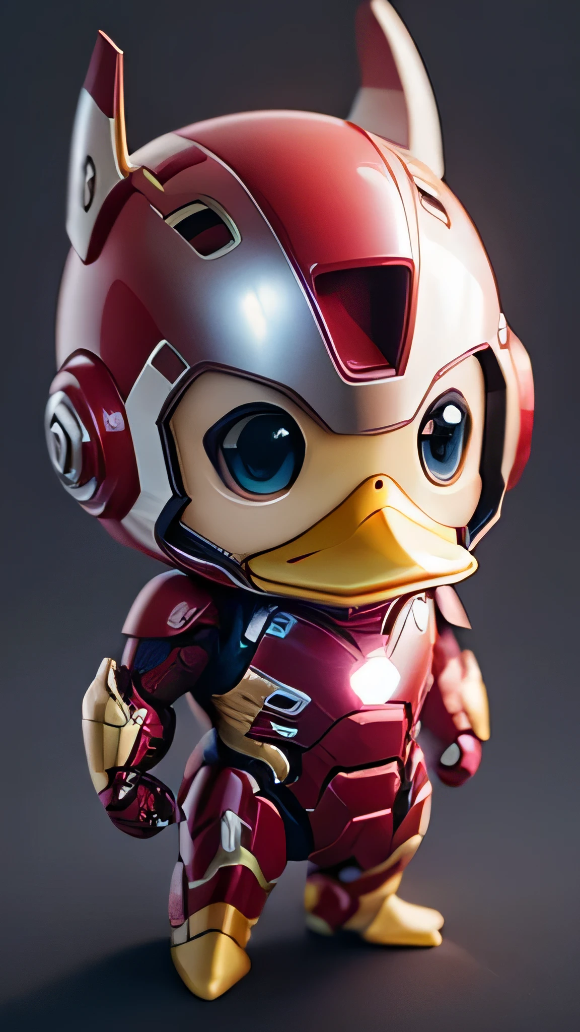 A cute duck in Ironman suit, small, tiny, chibi style, full body, sharp focus, 8k wallpaper, masterpiece, without the helmet