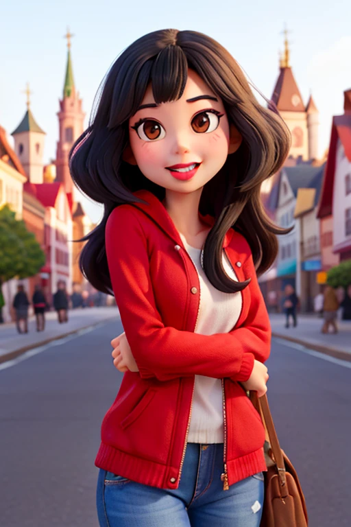 black haired woman, long hair、The background is the city, Cute clothes, , va, , red lipstick, big lips, Cheerful characters in Disney Pixar style、Front-facing、Upper body、Clothing based on black、