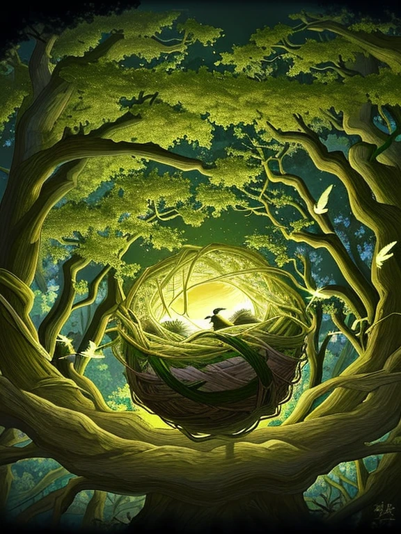 Extreme detail,masterpiece,anime_style,deep forest,tall trees,small birds,gathering,skillfully crafted nest,using branches,leaves,feathers,sturdy and warm,spring arrival,nest with eggs,new life hatching,stargazing through trees,night sky,dreaming of flying tomorrow