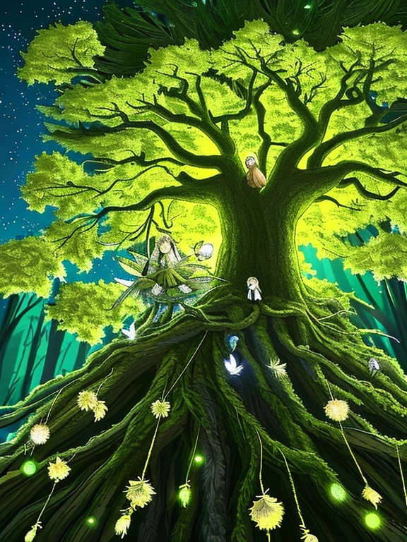 Extreme detail,masterpiece,anime_style,deep forest,tall trees,small birds,gathering,skillfully crafted nest,using branches,leaves,feathers,sturdy and warm,spring arrival,nest with eggs,new life hatching,stargazing through trees,night sky,dreaming of flying tomorrow