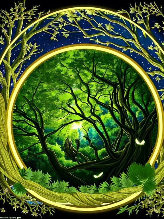 Extreme detail,masterpiece,anime_style,deep forest,tall trees,small birds,gathering,skillfully crafted nest,using branches,leaves,feathers,sturdy and warm,spring arrival,nest with eggs,new life hatching,stargazing through trees,night sky,dreaming of flying tomorrow