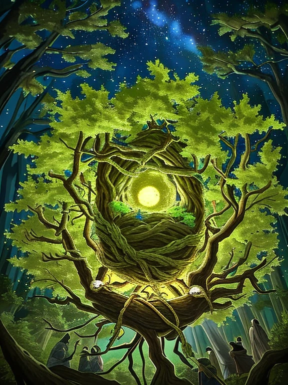 Extreme detail,masterpiece,anime_style,deep forest,tall trees,small birds,gathering,skillfully crafted nest,using branches,leaves,feathers,sturdy and warm,spring arrival,nest with eggs,new life hatching,stargazing through trees,night sky,dreaming of flying tomorrow