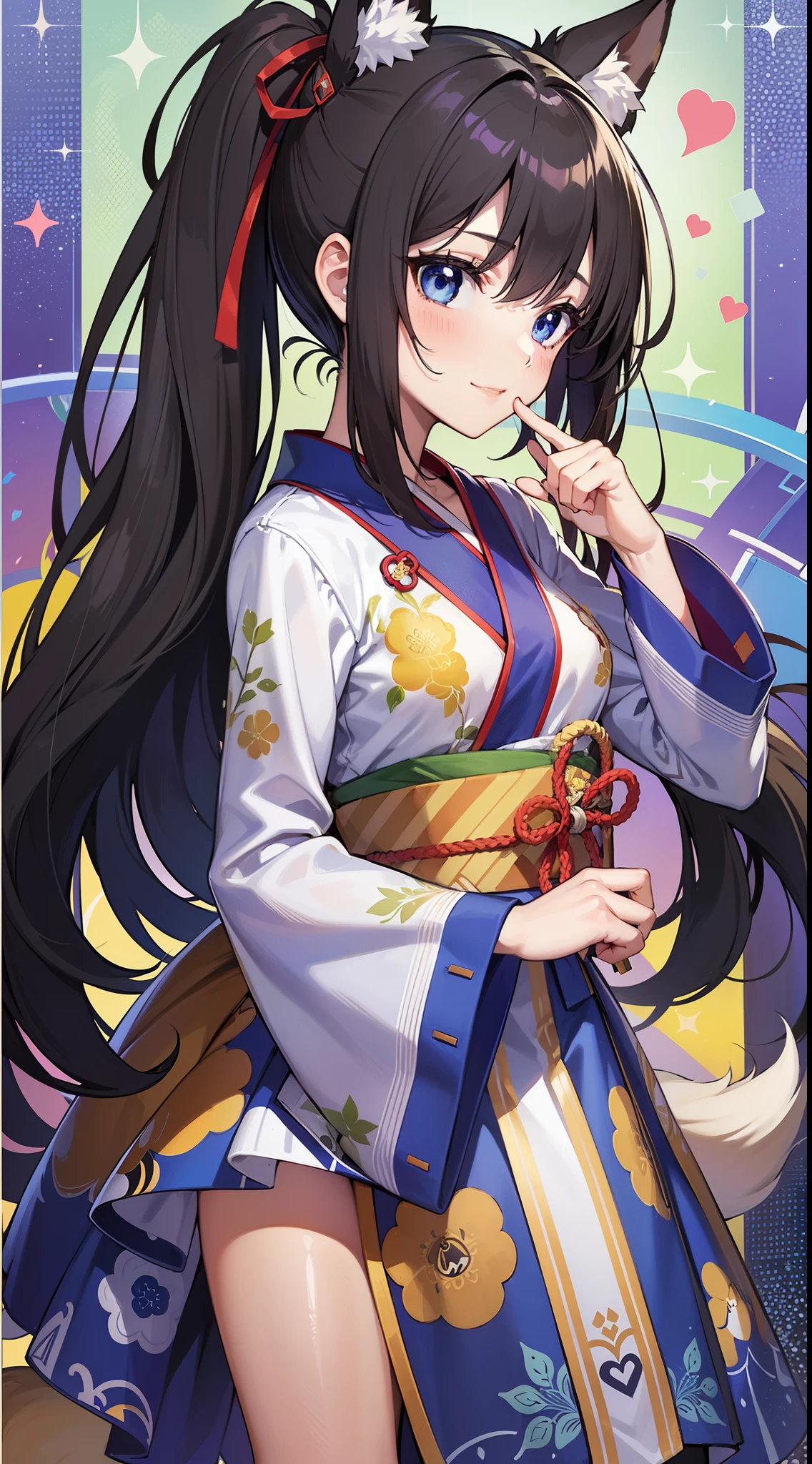 young girl, long curly black hair, curls, Fox ears, Foxtail, blue eyes, open kimono, ssmile, Masterpiece, hiquality(Anime girl, fox tail, long brown ponytail hair, Shiba Inu girl)(fighting stance:1.2),long brown ponytail hair