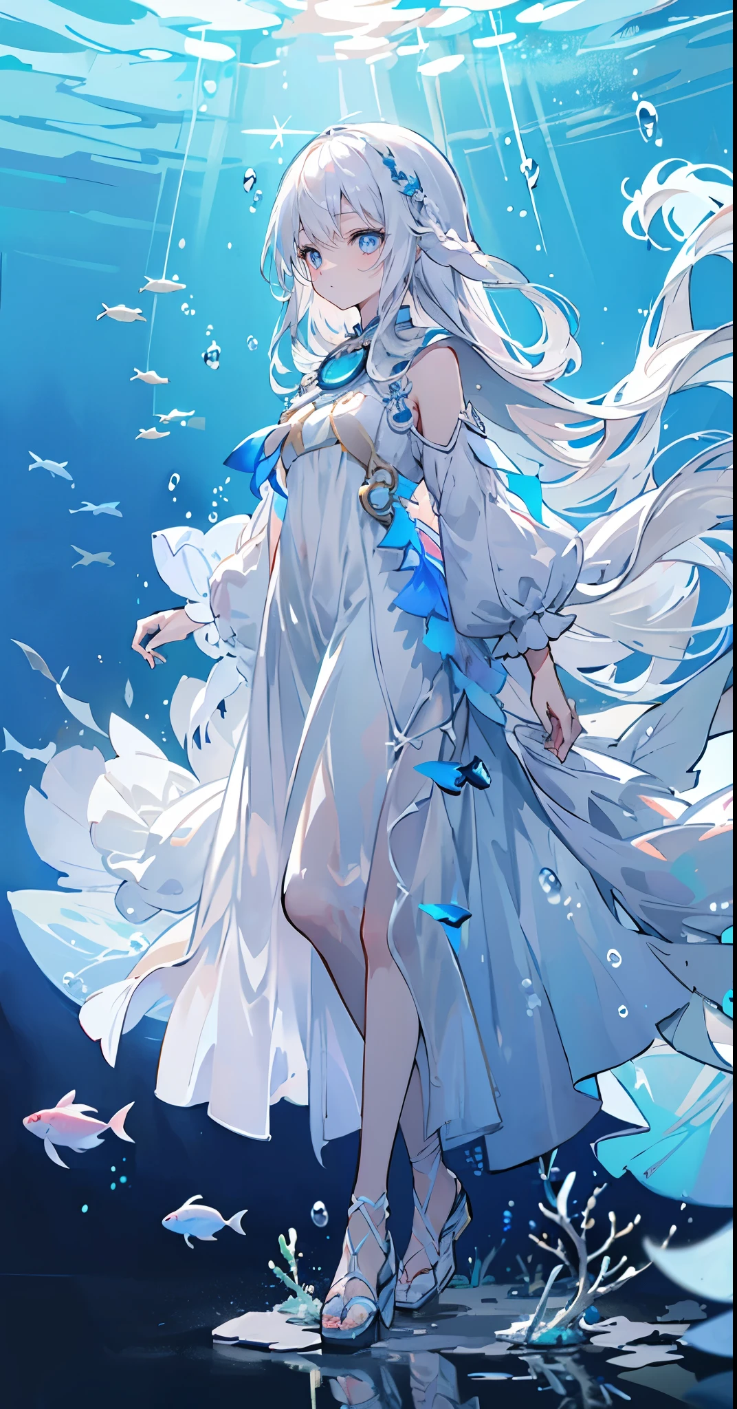 (muste piece), (best quality), very detailed, 1 girl, perfect face, (solo full body shot:1.3), very detailed顔,(white long hair:1.5),(blue eyes:1.4),(in water:1.4),(white dress:1.5),Ocean,coral reef,School of small fish,light,bubble,jellyfish,Ocean藻,(深Ocean:1.4),fantasy,Ocean底,float