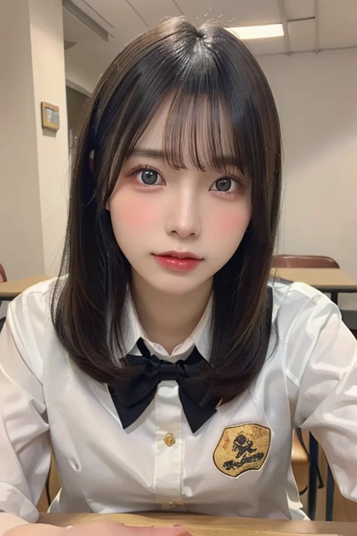 (table top:1.3), (8K, realistic, RAW photo, highest quality: 1.4), Japanese, (1 girl), beautiful face, (realistic face), (black hair), beautiful hairstyle, realistic eyes, beautiful and fine eyes, (realistic skin), beautiful skin, Charm, Super high resolution, surreal, very detailed, golden ratio,school uniform.