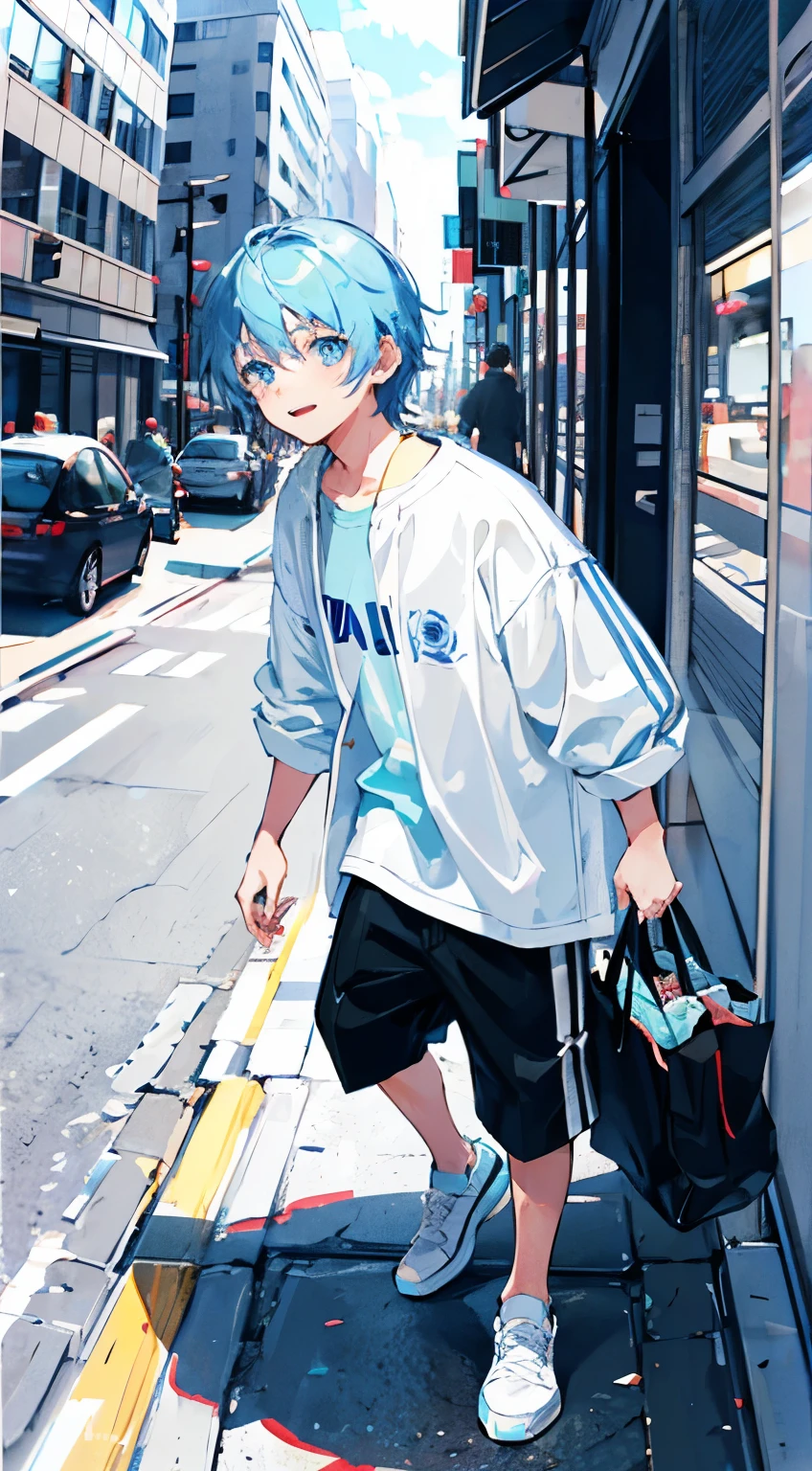 whole body, Young boy about ten years old,Short light blue hair,light blue eyes,casual everyday wear,happy expression,above the street,Detail clothes, stand,Beautiful background