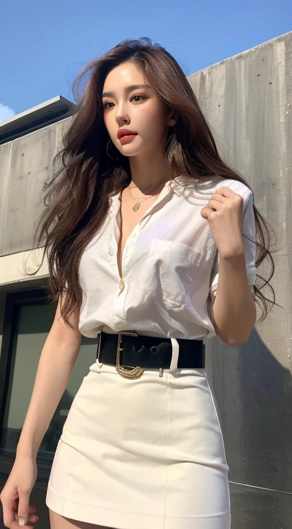 (Best quality, High resolution, Masterpiece :1.3), A tall and pretty woman, Slender abs, Dark brown hair styled in loose waves, Breasts, Wearing pendant, White button up shirt, Belt, Black skirt, (Modern architecture in background), Details exquisitely rendered in the face and skin texture, Detailed eyes, Double eyelid