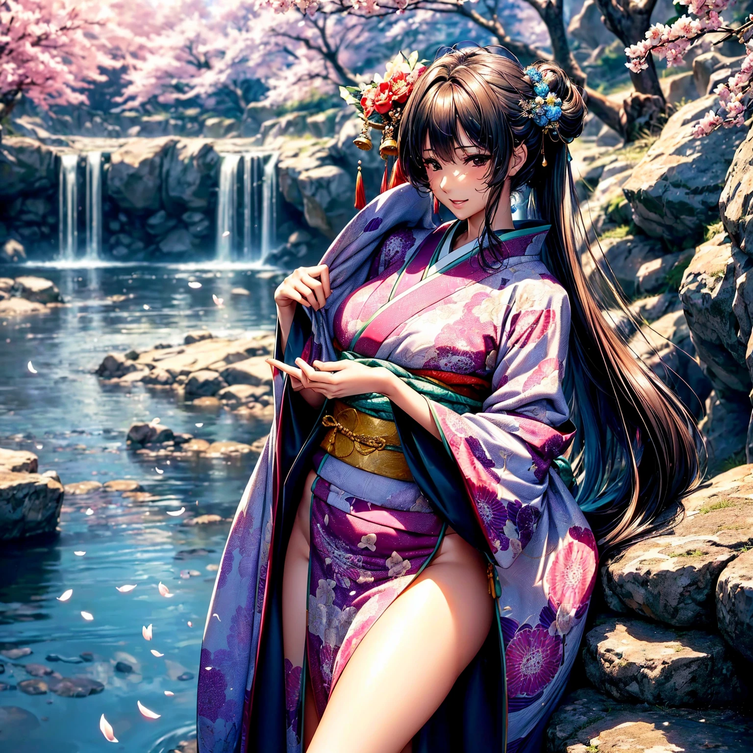(highest quality、masterpiece、very high resolution、ultra high resolution.High resolution detail 1.5)、(A woman with perfect and ultimate beauty:18-year-old,bright smile,beautiful body、beautiful face)、(There are many variations of hairstyles,The bangs are neatly arranged,Long straight side hair,beautiful hair quality),(Beautiful breasts with a slender body shape:F cup,beautiful hair texture,Beautiful skin texture)、((Wearing a Japan kimono:pattern and color,Kimono with long obi and large sleeves)),(river bed,Fantastic waterside,There is a waterfall,Night cherry blossoms and lanterns,mysterious night sky、beautiful scenery),(water play,Hair flutters under the influence of the wind,beautiful pose,model shoot),realistic portrait、realistic textured skin、(highly detailed images、accurate image、Perfect Image 1.5)、beautiful anime woman, beautiful art style, anime character、Overall image、accurate anatomy、Image without defects、natural soft light、beautiful images、(best shot,RAW photo)