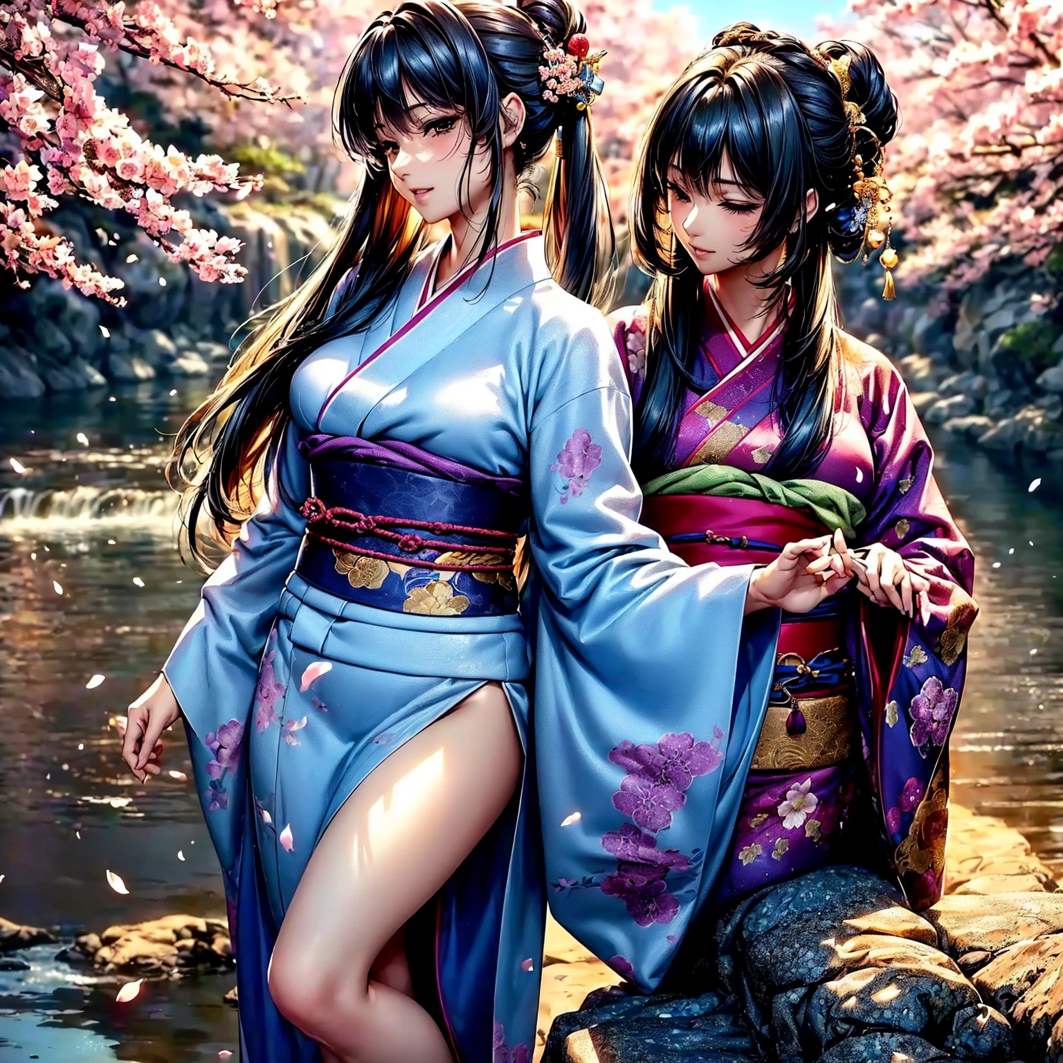 (highest quality、masterpiece、very high resolution、ultra high resolution.High resolution detail 1.5)、(A woman with perfect and ultimate beauty:18-year-old,bright smile,beautiful body、beautiful face)、(There are many variations of hairstyles,The bangs are neatly arranged,Long straight side hair,beautiful hair quality),(Beautiful breasts with a slender body shape:F cup,beautiful hair texture,Beautiful skin texture)、((Wearing a Japan kimono:pattern and color,Kimono with long obi and large sleeves)),(river bed,Fantastic waterside,There is a waterfall,Night cherry blossoms and lanterns,mysterious night sky、beautiful scenery),(water play,Hair flutters under the influence of the wind,beautiful pose,model shoot),realistic portrait、realistic textured skin、(highly detailed images、accurate image、Perfect Image 1.5)、beautiful anime woman, beautiful art style, anime character、Overall image、accurate anatomy、Image without defects、natural soft light、beautiful images、(best shot,RAW photo)