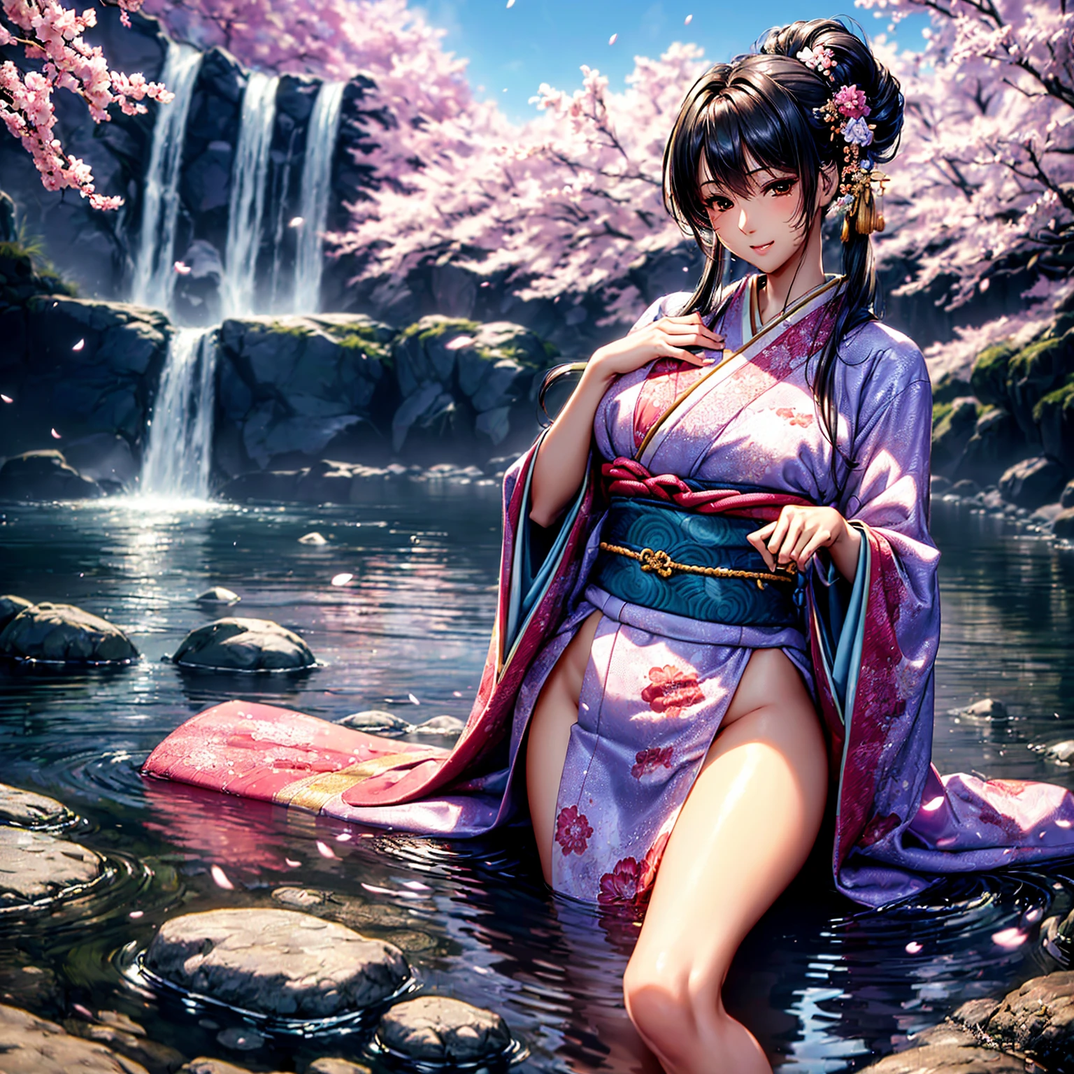 (highest quality、masterpiece、very high resolution、ultra high resolution.High resolution detail 1.5)、(A woman with perfect and ultimate beauty:18-year-old,bright smile,beautiful body、beautiful face)、(There are many variations of hairstyles,The bangs are neatly arranged,Long straight side hair,beautiful hair quality),(Beautiful breasts with a slender body shape:F cup,beautiful hair texture,Beautiful skin texture)、((Wearing a Japan kimono:pattern and color,Kimono with long obi and large sleeves)),(river bed,Fantastic waterside,There is a waterfall,Night cherry blossoms and lanterns,mysterious night sky、beautiful scenery),(water play,Hair flutters under the influence of the wind,beautiful pose,model shoot),realistic portrait、realistic textured skin、(highly detailed images、accurate image、Perfect Image 1.5)、beautiful anime woman, beautiful art style, anime character、Overall image、accurate anatomy、Image without defects、natural soft light、beautiful images、(best shot,RAW photo)

