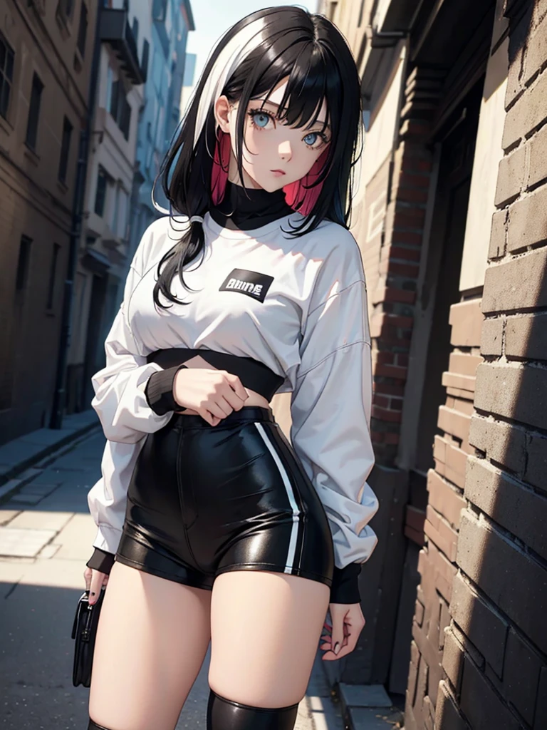 ((multicolored hair, black hair, white hair)) half white and half black hair, bicolor, black and white hair, colored hair, colored white and black hair 1 girl, two-tone hair, black on top, white on bottom 1 gilr, ,perfect anatomy girl muscular girl toned body girl large breasts girl thick girl angry girl best quality girl black hair girl yellow eyes girl pale girl pale girl,beautiful woman brunette, muscular, wearing short leggings withe, black tights, short hair, beautiful eyes, beautiful, yellow eyes, white shirt, black leather jacket, shorts, short white leggings, dark alley city black pantyhose, two-tone hair, black on top, white on bottom, black hair with white, two-tone hair, half white and half black hair