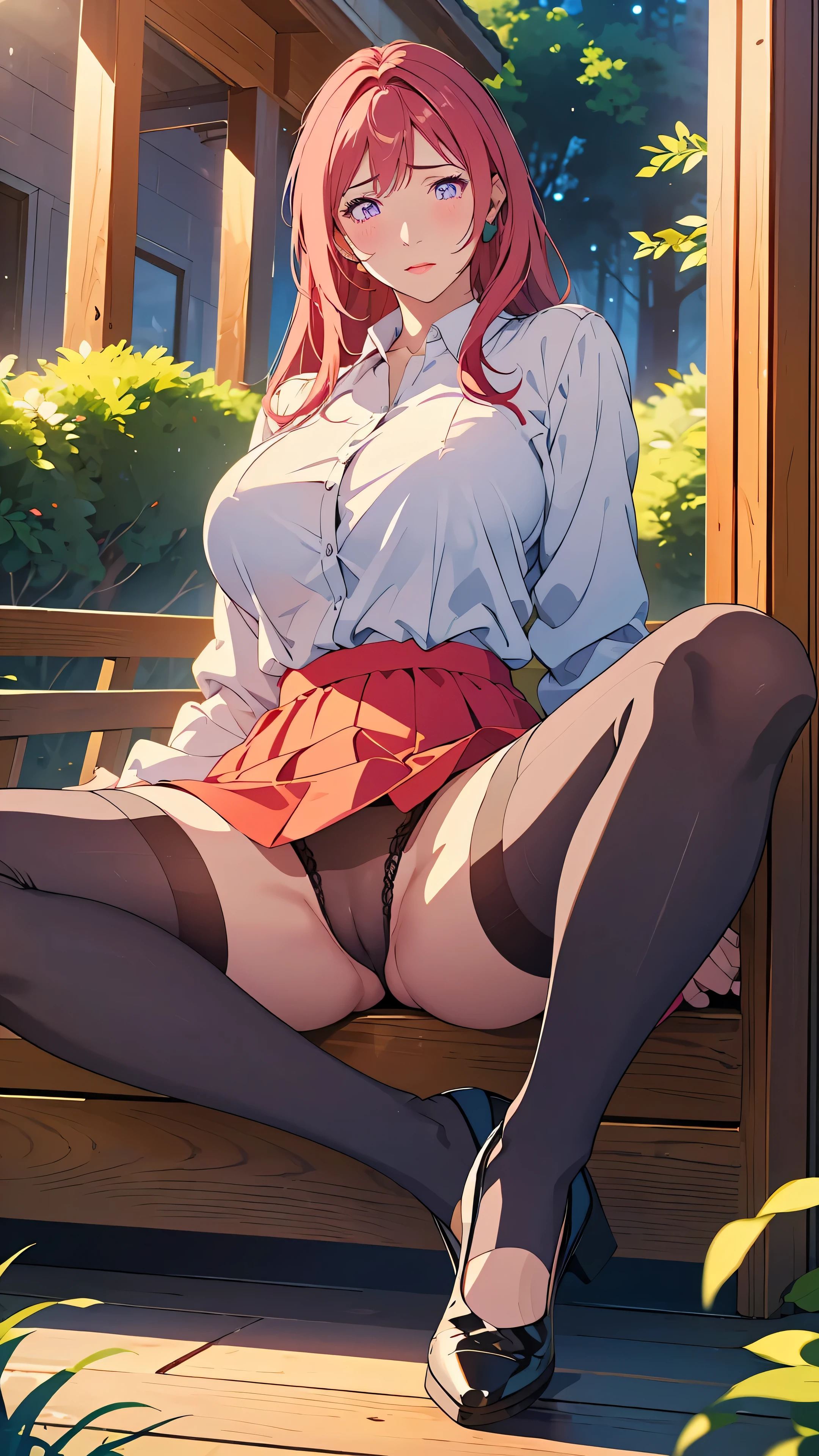 (highest quality、Super detailed、anime picture、game CG、art cg、realistic、movie lighting、perfect shadow、realistic lighting shading、unity 8k wallpaper)、Hiroko Takashiro、redhead、huge breasts、long hair、mature woman、(purple eyes)、perfect eyes、perfect face、Green earrings、white shirt、purple jacket、(black garter belt:1.1)、zettai ryouiki、red skirt、uniform、high heels、Vulgarity、blush your nose、looking at the viewer、sexy pose、spread your legs、((In the forest at night after the rain))
