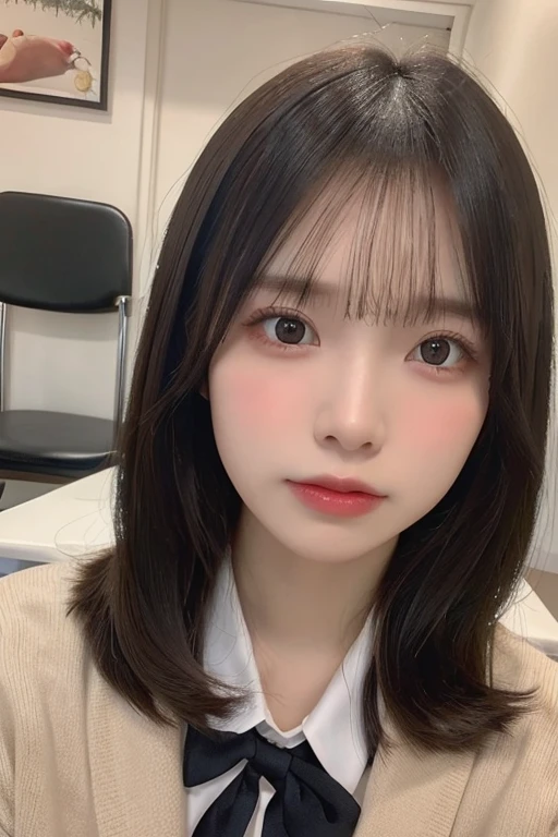 (table top:1.3), (8K, realistic, RAW photo, highest quality: 1.4), Japanese, (1 girl), beautiful face, (realistic face), (black hair), beautiful hairstyle, realistic eyes, beautiful and fine eyes, (realistic skin), beautiful skin, Charm, Super high resolution, surreal, very detailed, golden ratio,school uniform.