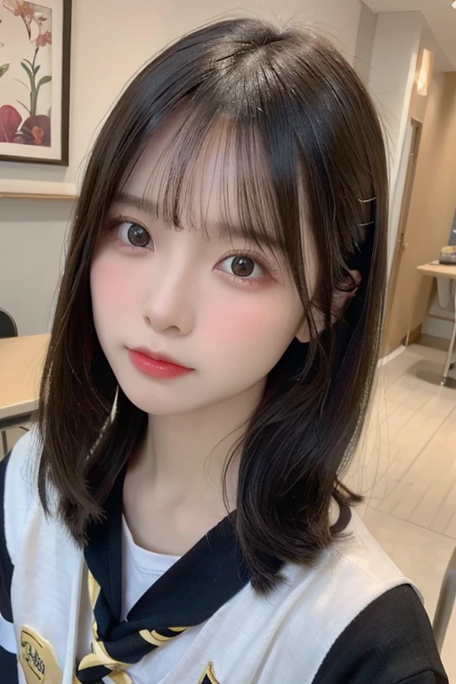 (table top:1.3), (8K, realistic, RAW photo, highest quality: 1.4), Japanese, (1 girl), beautiful face, (realistic face), (black hair), beautiful hairstyle, realistic eyes, beautiful and fine eyes, (realistic skin), beautiful skin, Charm, Super high resolution, surreal, very detailed, golden ratio,school uniform.