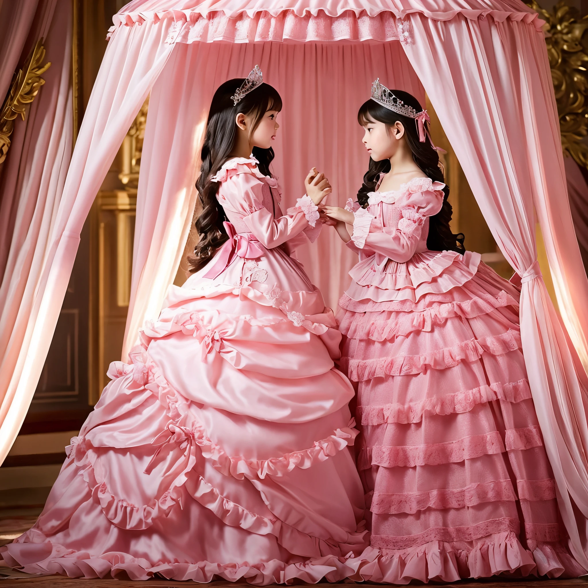 highest quality, masterpiece, highest resolution, artwork, super get used to it, many become familiar with, become familiar with, get used to it, woman, ,the two girls are princesses,pink victorian dress,long sleeve,long dress,A dress with lots of frills and ribbons.,luxury,Two kiss,high quality dresses,In a luxurious bedroom, a luxurious canopy pink princess bed,king size bed,