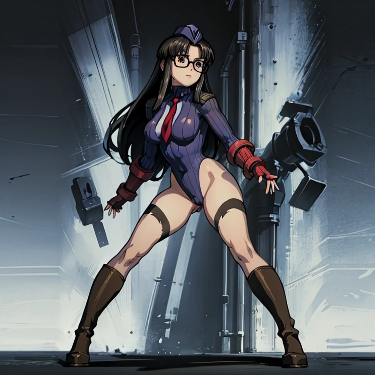 ultra-detailed, Explicit, Beautiful body, Beautiful Nose, Beautiful character design, perfect eyes, perfect face, ultra highres, 4K, beautiful legs, perfect legs, Nice hands, Perfect hand, Masterpiece, Best Quality, Highly detailed, illustration, absurdres, perfect anatomy, street fighter, doll suit, shadaloo doll, dollsuit, expressionless, blank eyes, looking at viewer, red gloves, emotionless, black latex, corrution, mind control, female combatant, full body, hypnotized, unhappy trance, full body suit, ribbed bodysuit, both arms at side, obey, perfect female body, extremely glossy latex, hypnosis, hypnoLora, empty eyes, Mind control device, poses, submissive_pose, Slave, hat, necktie, stand up straight, standing, standing at attention, hat, necktie, belt, latex, ribbed bodysuit, thighhighs, garter belt, Fighting Stance, extending the right arm from the shoulder into the air with a straightened hand, military, thigh boots, 1girl, Solo, Yomiko Readman, R.O.D, black hair, long hair, glasses, black eyes