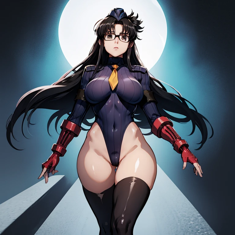 ultra-detailed, Explicit, Beautiful body, Beautiful Nose, Beautiful character design, perfect eyes, perfect face, ultra highres, 4K, beautiful legs, perfect legs, Nice hands, Perfect hand, Masterpiece, Best Quality, Highly detailed, illustration, absurdres, perfect anatomy, street fighter, doll suit, shadaloo doll, dollsuit, expressionless, blank eyes, looking at viewer, red gloves, emotionless, black latex, corrution, mind control, female combatant, full body, hypnotized, unhappy trance, full body suit, ribbed bodysuit, both arms at side, obey, perfect female body, extremely glossy latex, hypnosis, hypnoLora, empty eyes, Mind control device, poses, submissive_pose, Slave, hat, necktie, stand up straight, standing, standing at attention, hat, necktie, belt, latex, ribbed bodysuit, thighhighs, garter belt, Fighting Stance, extending the right arm from the shoulder into the air with a straightened hand, military, thigh boots, 1girl, Solo, Yomiko Readman, R.O.D, black hair, long hair, glasses, black eyes