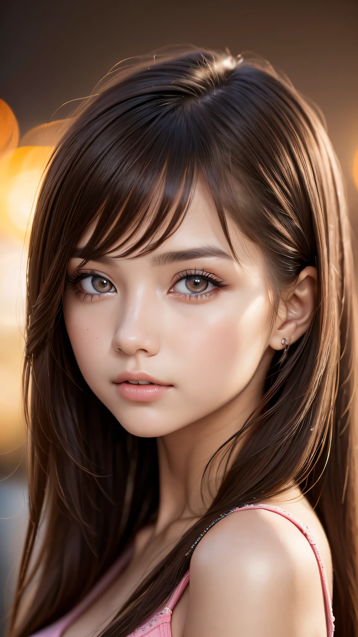 ((1girl)), Brown hair, Amazing face and eyes, Pink eyes, (amazingly beautiful girl), Brown hair, ((Best Quality)), (Ultra-detailed), (extremely detailed CG unified 8k wallpaper), Highly detailed, High-definition raw color photos, Professional Photography, (((Bokeh))), depth of fields,