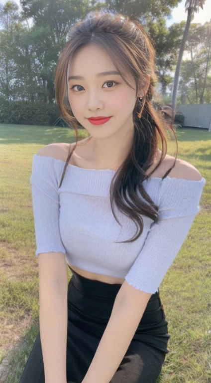 ((Best Quality, 8K, Masterpiece:1.3)), a beautiful girl, off-the-shoulder short sleeves, slit crop top skirt, high ponytail, black fluffy long straight hair, round black big eyes, clear big eyes, moist lips, sweet smile, sitting, pastoral background,