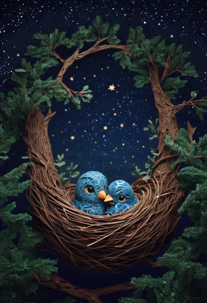 a bird, the bird is abnormally fat and the nest located in a tree, breaks from the weight and the chick falls, in a forest, starry sky, zentangle, origami, cinematic, emotional, epic,....by my self...lol