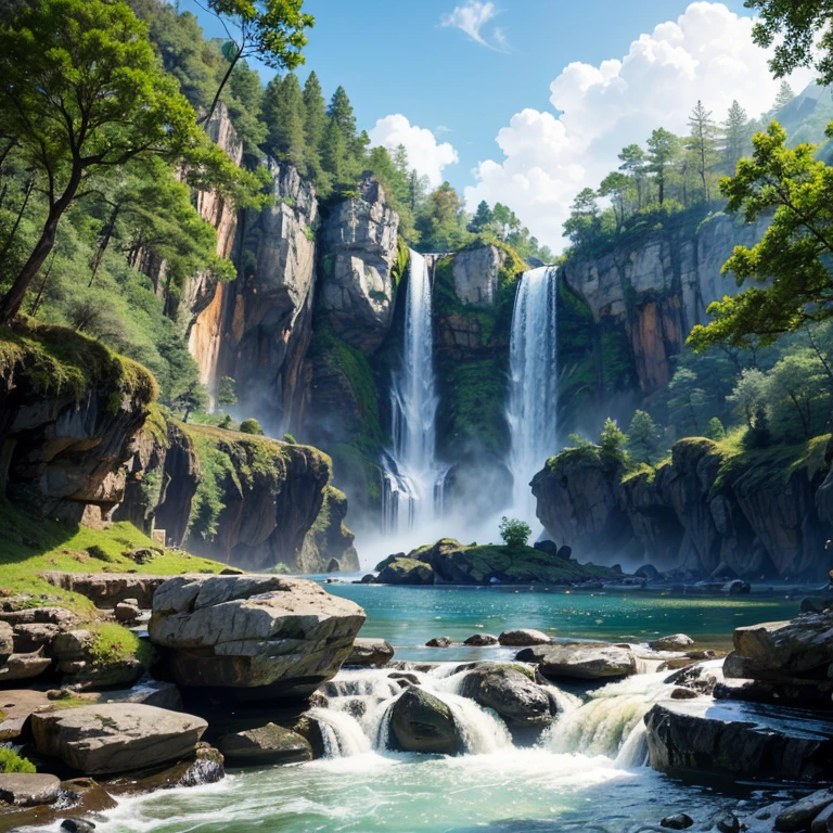 Wide-angle photography, scenery, wide sea, alternating with small and large mountains. There is a waterfall flowing from the large sea flowing down below.
