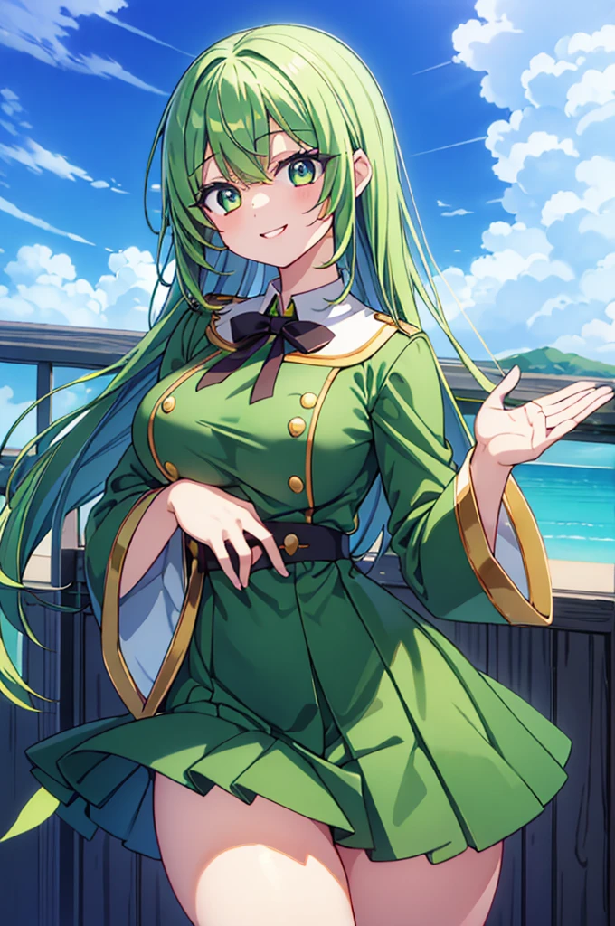 green hair、Beautiful uniforms、beautiful limbs、Girl with thick thighs、high angle、smile、golden eyes、Big Eyed Girl、black eye、red circle around the pupil、waving and smiling