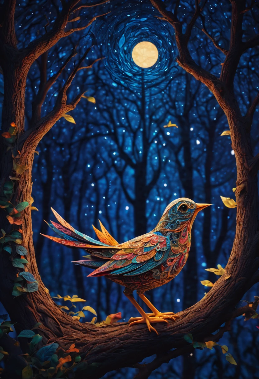 A  bird, abnormally fat, falls from its nest located in a tree. The chick plummeting through the air in a forest under a starry sky. The scene is depicted with intricate zentangle details, resembling origami. The artwork evokes a cinematic, emotional, and epic atmosphere. The colors showcase a vibrant and vivid palette, and the lighting creates a dramatic effect, casting shadows and illuminating the surroundings. The resulting image is of the best quality, ensuring high-resolution details and a masterpiece-worthy outcome. ,....by my self...lol