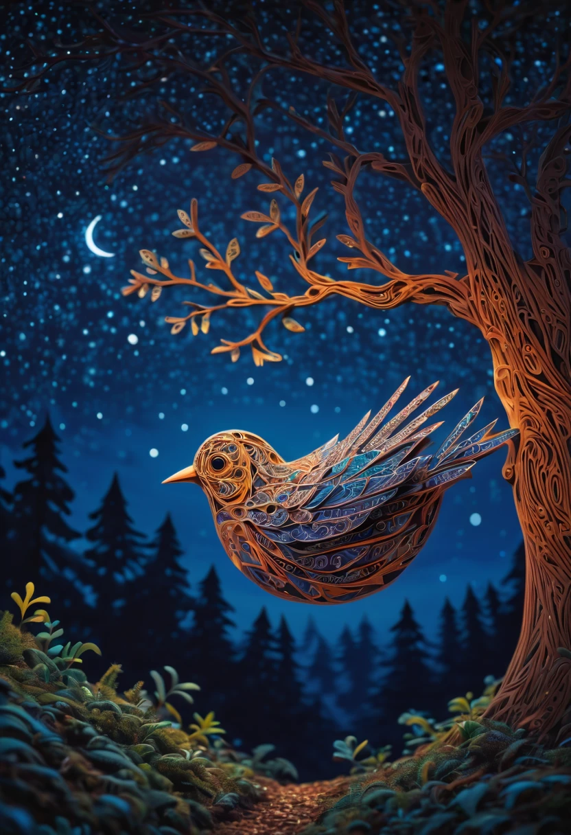 A newborn bird, abnormally fat, falls from its nest located in a tree. The chick plummeting through the air in a forest under a starry sky. The scene is depicted with intricate zentangle details, resembling origami. The artwork evokes a cinematic, emotional, and epic atmosphere. The colors showcase a vibrant and vivid palette, and the lighting creates a dramatic effect, casting shadows and illuminating the surroundings. The resulting image is of the best quality, ensuring high-resolution details and a masterpiece-worthy outcome. ,....by my self...lol