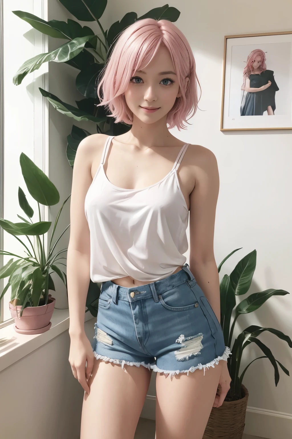 cute,pink hair, idol sculpture, With rainbow colored hair, ribbon in her hair, 18 year old female, Happy, short hair, Perfect symmetrical eyes, clear shining blue eyes, white skin, Silky smooth skin, warm lighting, big breasts,whole body,full body,long legs,slim beautiful legs,naked,Hide your chest with a protrusion,Hand bra,smile,shower room