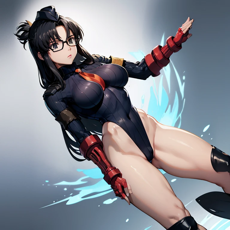 ultra-detailed, Explicit, Beautiful body, Beautiful Nose, Beautiful character design, perfect eyes, perfect face, ultra highres, 4K, beautiful legs, perfect legs, Nice hands, Perfect hand, Masterpiece, Best Quality, Highly detailed, illustration, absurdres, perfect anatomy, street fighter, doll suit, shadaloo doll, dollsuit, expressionless, blank eyes, looking at viewer, red gloves, emotionless, black latex, corrution, mind control, female combatant, full body, hypnotized, unhappy trance, full body suit, ribbed bodysuit, both arms at side, obey, perfect female body, extremely glossy latex, hypnosis, hypnoLora, empty eyes, Mind control device, poses, submissive_pose, Slave, hat, necktie, stand up straight, standing, standing at attention, hat, necktie, belt, latex, ribbed bodysuit, thighhighs, garter belt, Fighting Stance, extending the right arm from the shoulder into the air with a straightened hand, military, thigh boots, 1girl, Solo, Yomiko Readman, R.O.D, black hair, long hair, glasses, black eyes