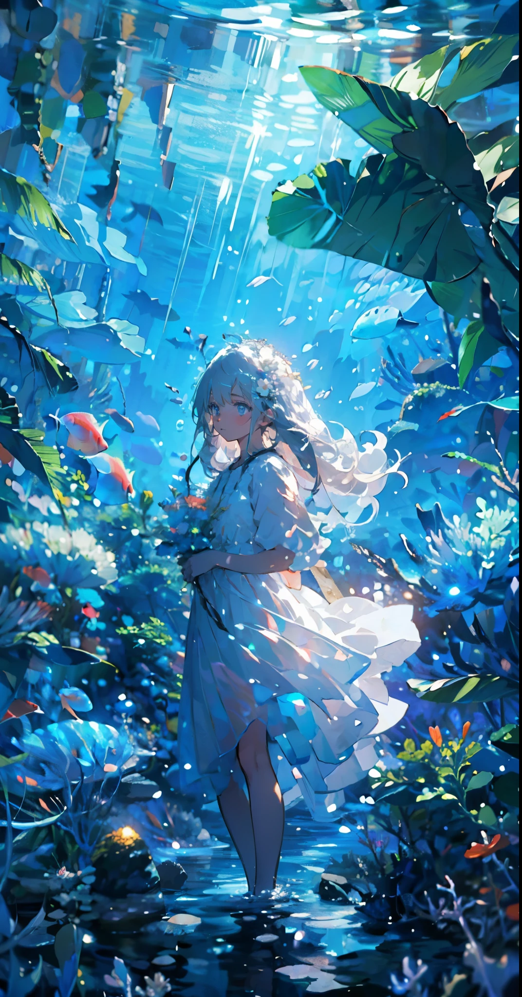 (muste piece), (best quality), very detailed, 1 girl, perfect face, (solo full body shot:1.3), very detailed顔，(white long hair:1.5)，(blue eyes:1.4)，(in water:1.4)，(white dress:1.5)，Ocean，coral reef，School of small fish，light，bubble，jellyfish，Ocean藻，(深Ocean:1.4)，fantasy，Ocean底，float