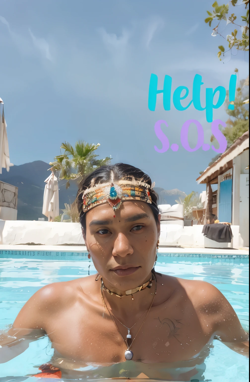 Wearing indigenous headdress and indigenous necklaces
