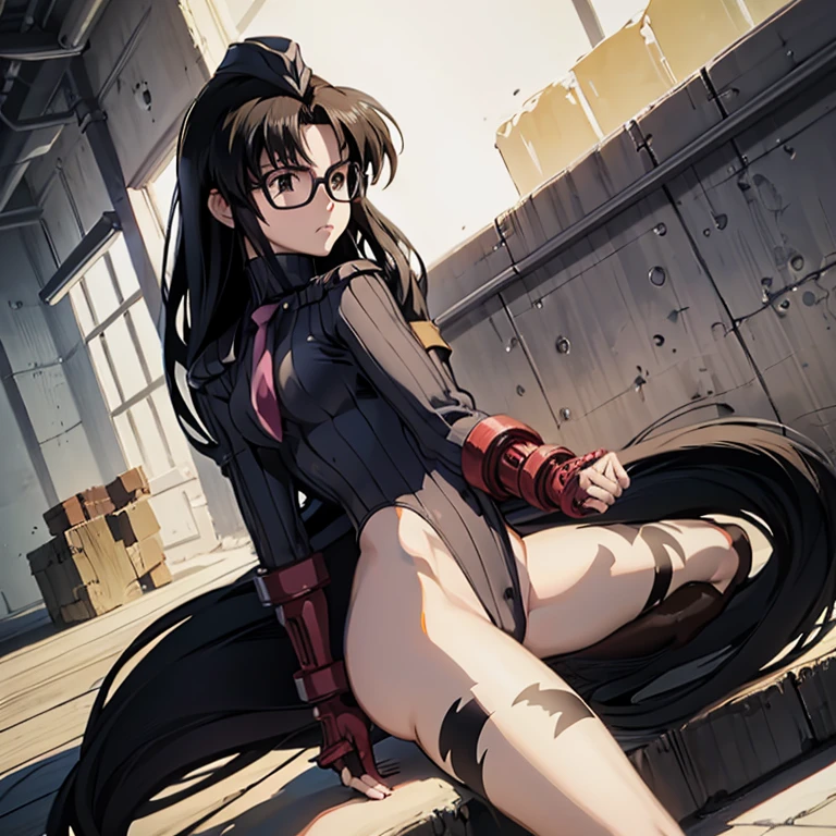 ultra-detailed, Explicit, Beautiful body, Beautiful Nose, Beautiful character design, perfect eyes, perfect face, ultra highres, 4K, beautiful legs, perfect legs, Nice hands, Perfect hand, Masterpiece, Best Quality, Highly detailed, illustration, absurdres, perfect anatomy, street fighter, doll suit, shadaloo doll, dollsuit, expressionless, blank eyes, looking at viewer, red gloves, emotionless, black latex, corrution, mind control, female combatant, full body, hypnotized, unhappy trance, full body suit, ribbed bodysuit, both arms at side, obey, perfect female body, extremely glossy latex, hypnosis, hypnoLora, empty eyes, Mind control device, poses, submissive_pose, Slave, hat, necktie, stand up straight, standing, standing at attention, hat, necktie, belt, latex, ribbed bodysuit, thighhighs, garter belt, Fighting Stance, extending the right arm from the shoulder into the air with a straightened hand, military, thigh boots, 1girl, Solo, Yomiko Readman, R.O.D, black hair, long hair, glasses, black eyes