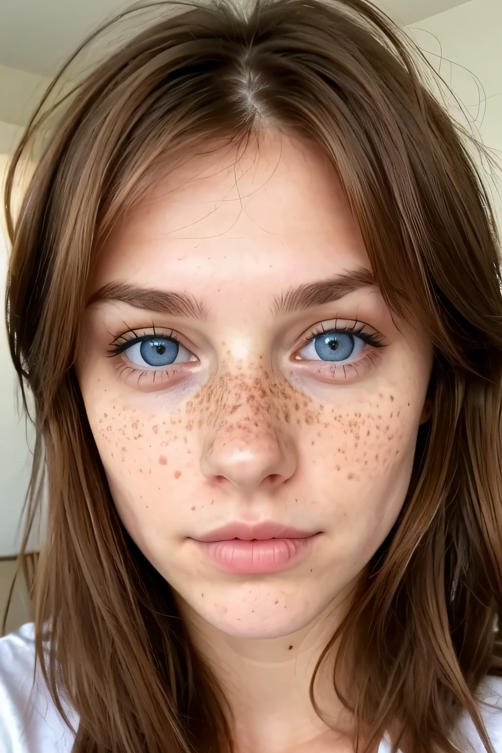 Brown hair, light ends, Blue eyes, Slanting eyes, freckles, neat spout, fragile and sexy woman