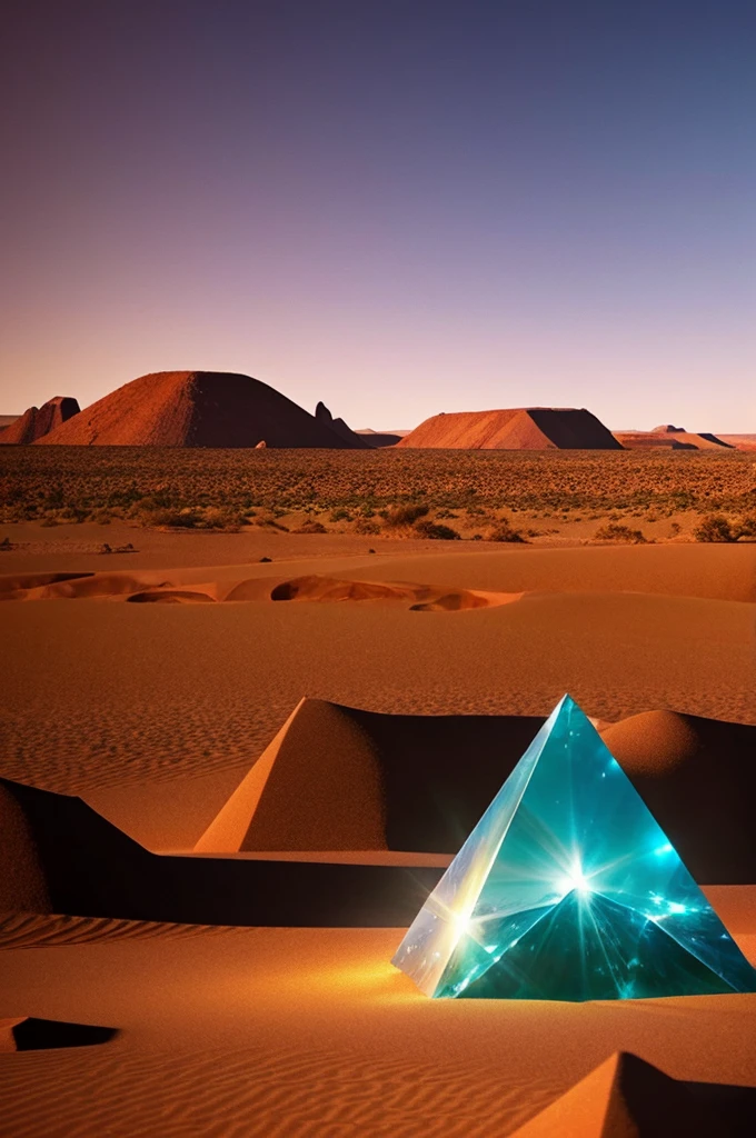 Close-up of large crystals of the desert with rocks, Animation style rendering, atlas, cd cover artwork, Orb, Flare Anamorphic, Pierre Pellegrini and Ash Thorpe, Anamorphic widescreen, Plato's solids, Space Scene, Cytolance, movie promotional video, faceted、The girl in the middle that catches your eye