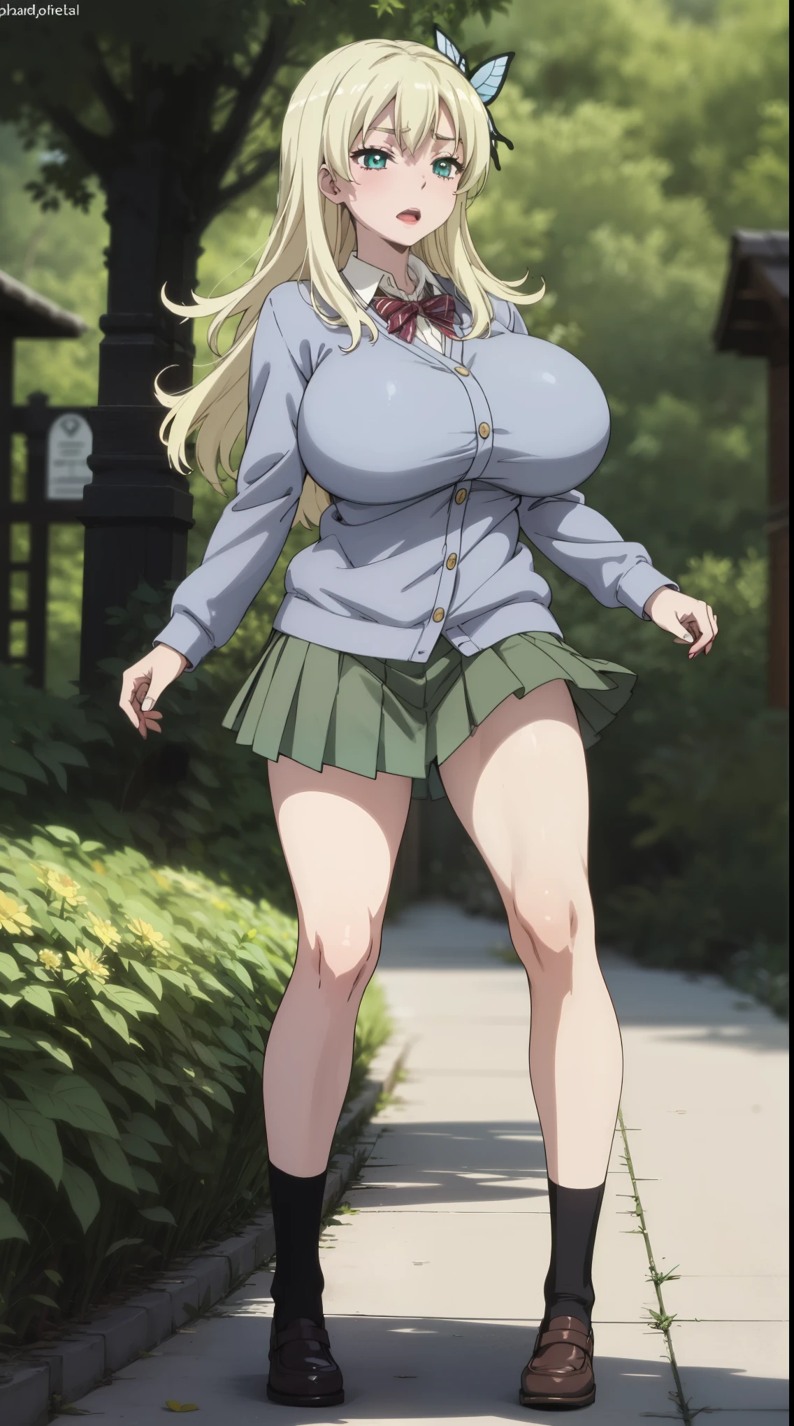 girl, solo, full body, standing, from head to toe, (Huge_Breasts:1.3),

A breathtakingly beautiful garden filled with vibrant flowers, lush green plants, The air is filled with the sweet scent of blooming flowers, and rays of golden sunlight gently filter through the leaves, creating a magical atmosphere, 

sena kashiwazaki, long hair, blonde hair, hair ornament, aqua eyes, butterfly hair ornament, school uniform, cardigan, st. chronica academy school uniform, skirt, green skirt, pleated skirt,