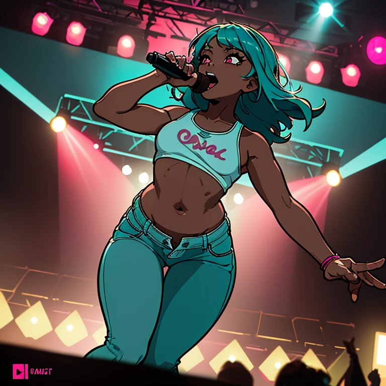 ((masterpiece)), high quality, best quality, beautiful, hd, perfect lighting, detailed face, detailed body, 1 girl, solo, full body view, wide angle, ((dark brown skin:1.3)), ((turquoise hair:1.3)), (pink eyes, small breasts), singing, on stage, microphone in hand, music festival, rapping, concert, wearing tank top and some tight pants, cheerful,